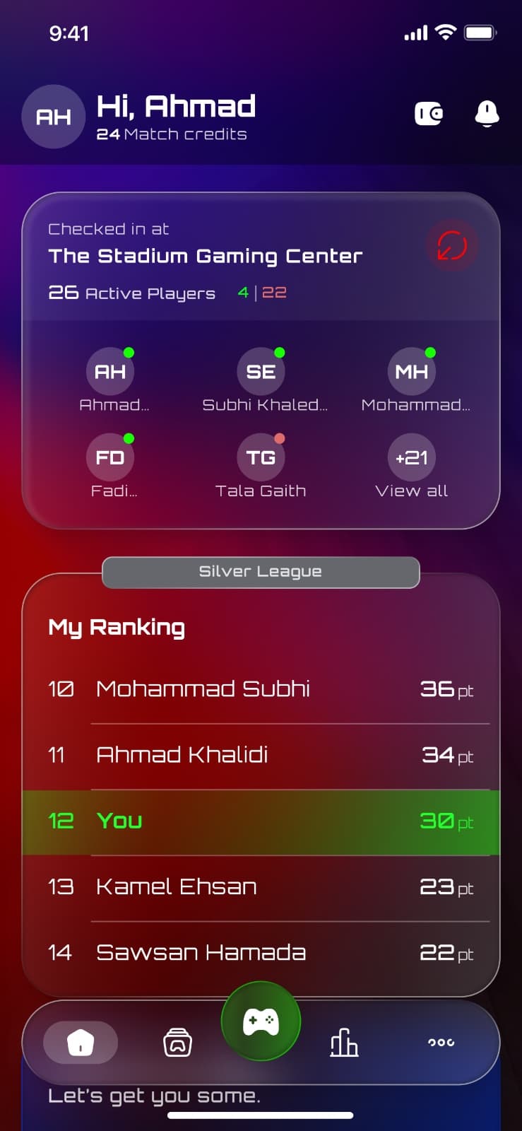Stad home dashboard with checked-in venue, active players, credits, and ranking